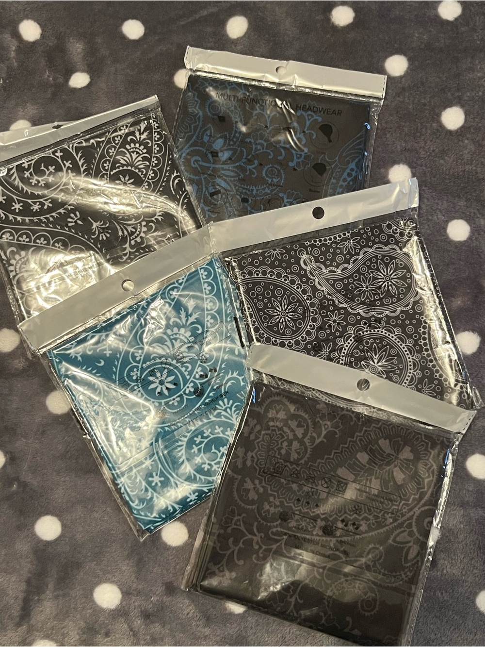 Premium Multi Functional Headwear Bandanas - Black, Gray & Blue Paisley